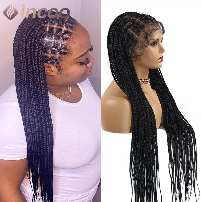 Cornrow Box Lace Frontal Braids Wig Synthetic jumbo Knotless Braided Hair Wigs 36 Inch Long Full Lace Braided wigs for Women