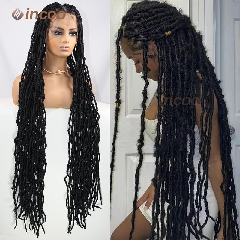 Incoo Synthetic Braided Wig Soft Locs Crochet Hair Straight Lace Front Braided Hair Wigs Faux Locs Longblack African Goddess