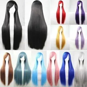 New 80cm Straight Sleek Long Full Hair Wigs w Side Bangs Cosplay Costume Womens