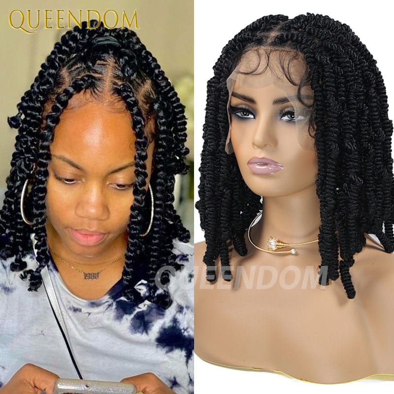 Spiral Curls Braided Wigs Spring Twist Hair 12 Inches Full Lace Curly Braided Wigs Afro Spring Crochet Dreadlocks Synthetic Wigs