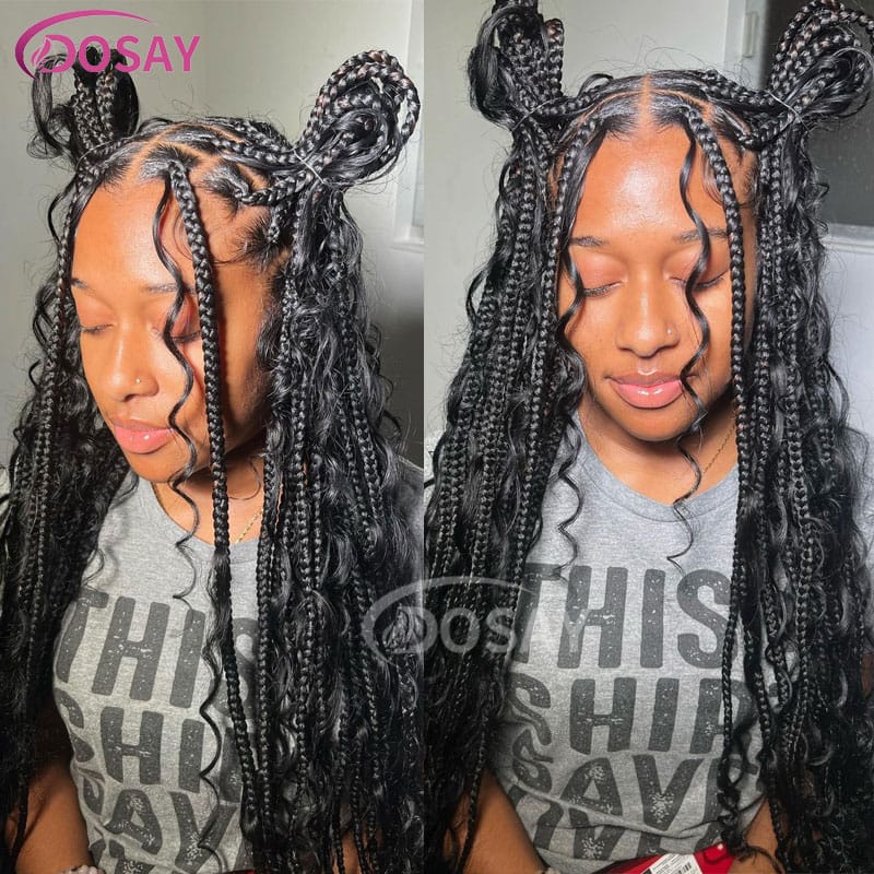 Bohemian Box Braids Wigs With Curly Hair Synthetic Box Braid Full Lace Frontal Wigs Goddess Locs Braided Wigs Burgundy Hair 32"