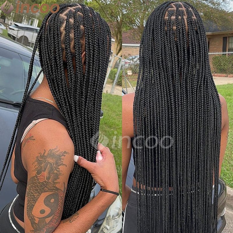 36" Jumbo Box Braided Wigs Synthetic Cornrow Braids Wigs Small Square Box Braided Wigs Fake Scalp Braiding Hair Wig For Women