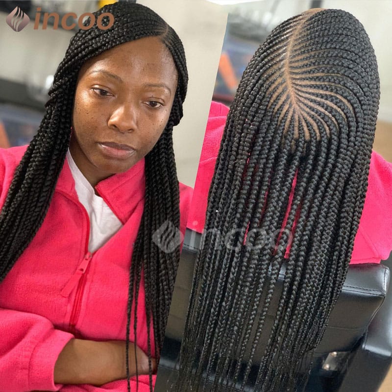 Full Lace Front Box Braided Synthetic Wigs 36" Knotless Cornrow Braids Black Side Part Lace Frontal Wig With Baby Hair For Women
