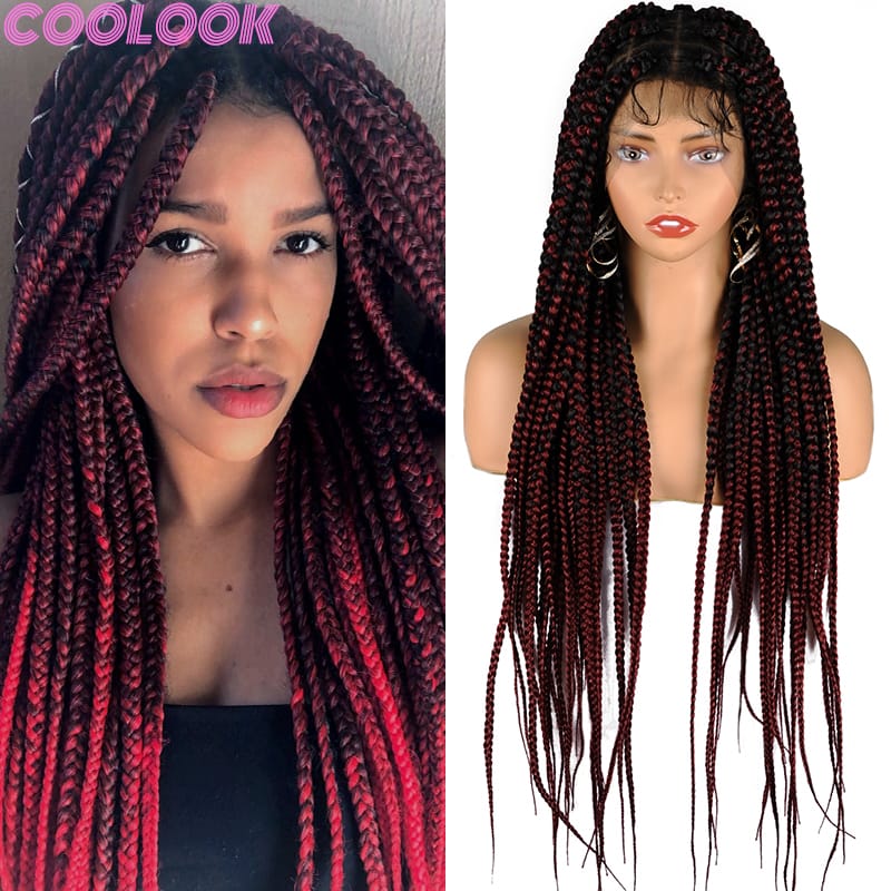 Burgundy Full Lace Box Braided Wigs with Baby Hair 36 Inch Knotless Crochet Square Braids Lace Frontal Wigs Synthetic Braid Wigs