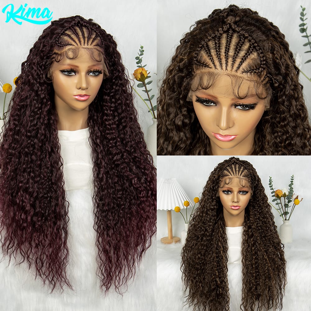 Kima Burgundy Lace Frontal Braided Wigs Synthetic Wavy Hair Wigs for Black Women