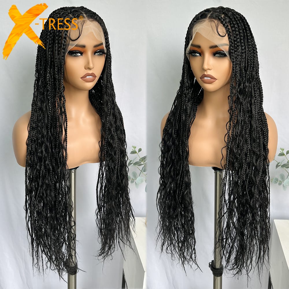 X-TRESS 32" Bohemian Boho Box Braids Synthetic Wigs Black Color Full Lace Wigs with Baby Hair Knotless Braids Lace Wig for Women