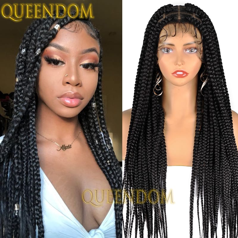 36” Synthetic Jumbo Knotless Box Braided Wig Full Lace Large Cornrow Plait Braids Wig with Baby Hair Lace Frontal Faux Locs Wig