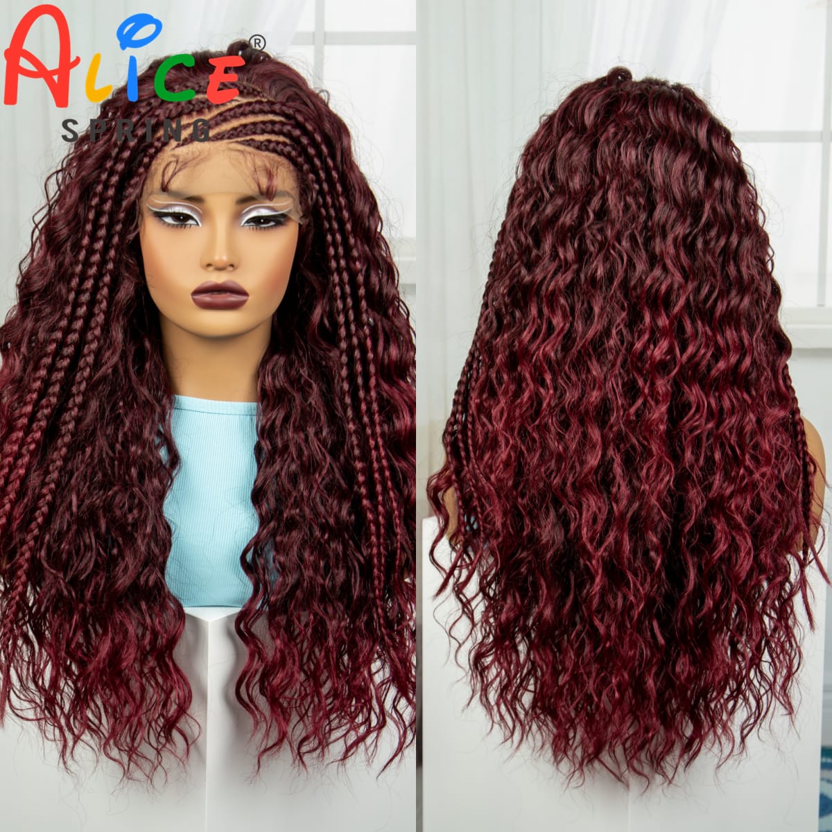 Water Wave Burgundy 26 Inch Synthetic Braided Wig Lace Braided Wigs Curly Knotless Box Braids Wig With Baby Hair for Black Woman