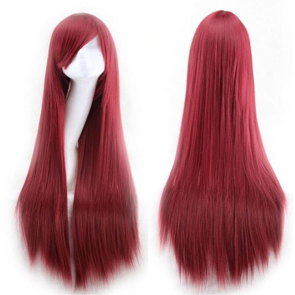 31.5inch/ Wine Red Long Straight Wig Hair Side Bangs