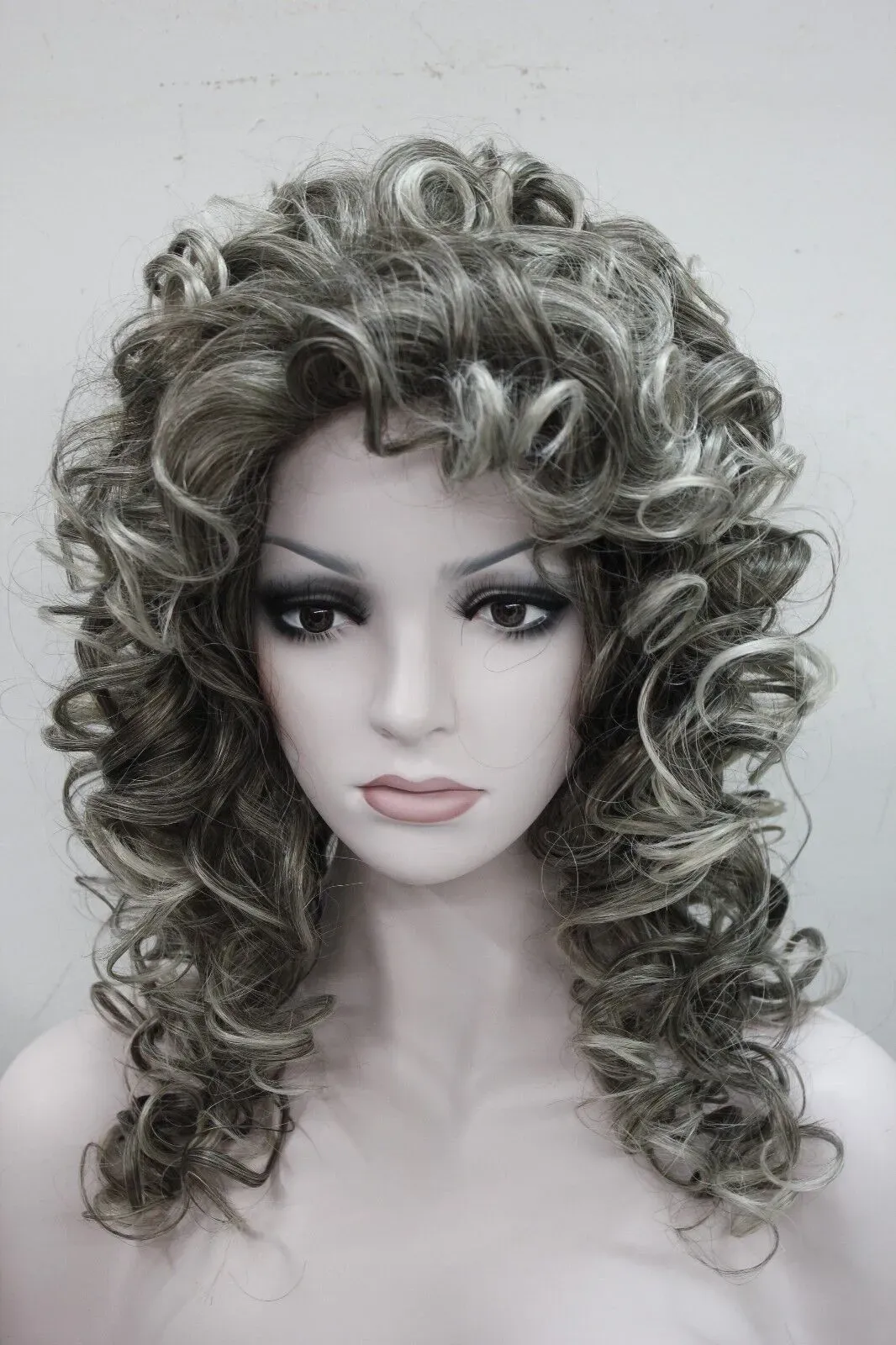 Beautiful gray mix brown root with tip curly women' 50cm long synthetic hair wig