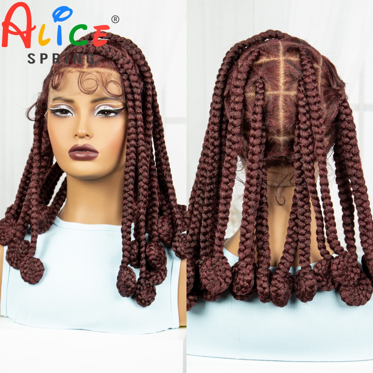 14 Inch Burgundy Synthetic Bantu Braided Wigs Transparent Full Lace Hair Wigs Knotless Box Braids with Baby Hair for Black Women