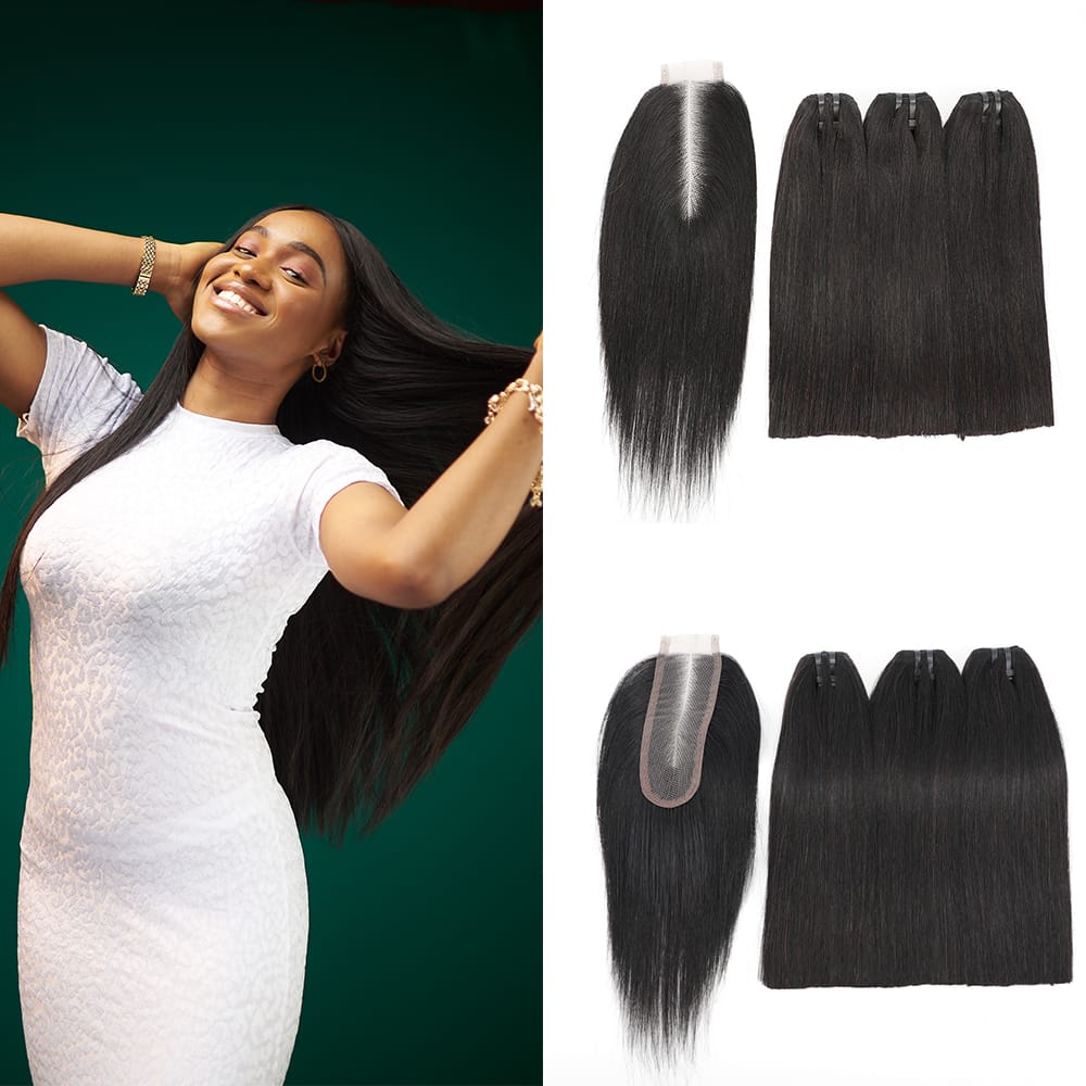 Bone Straight Raw Human Hair Bundles 100% 12A Straight Raw Human Hair Nature Black 3bundles with Closure 2x6 Lace Kim K Closure