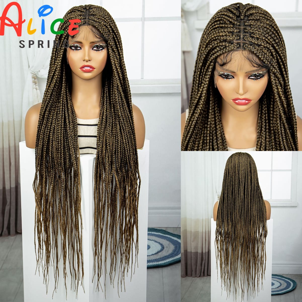 34inch Knotless Box Braided Wigs  Synthetic Full Lace Front Braiding Hair Wig with Baby Hair for Black Women Colored Braids Wigs