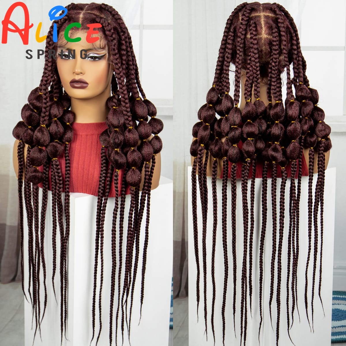 Burgundy 40 Inches Synthetic Full Lace Braided Wigs Synthetic Knotless Handmade Bantu Braids Lace Wig With Baby Hair For Women