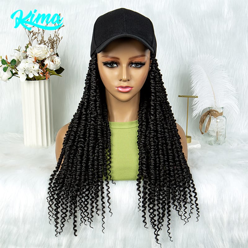 Baseball Cap With Braided Hair 20 Inch Synthetic Twist Braids Wig Cap Afro Braiding Hair Curly Ends With Adjustable Cap