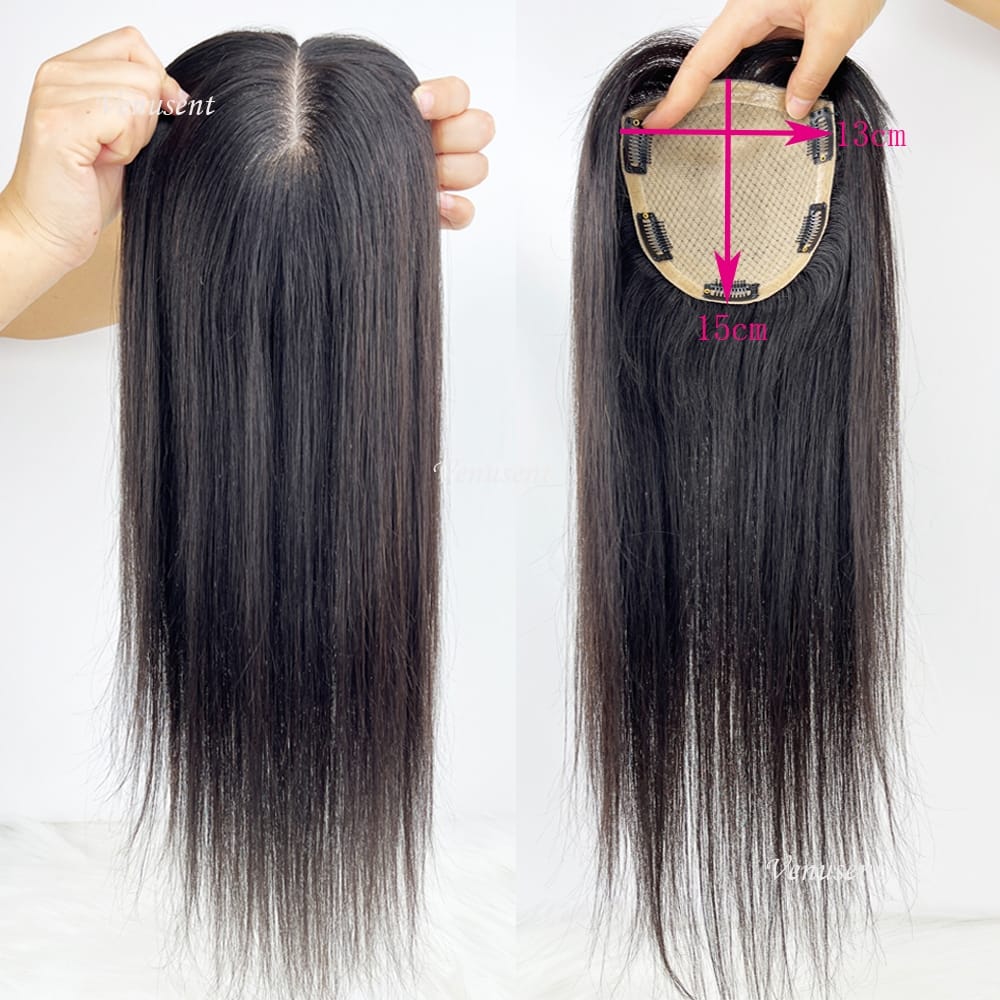 13x15cm Hand Tied Silk Base Topper Human Hair for Women Virgin Chinese Human Hair Piece Breathable Silk Top Toupee with Clips In