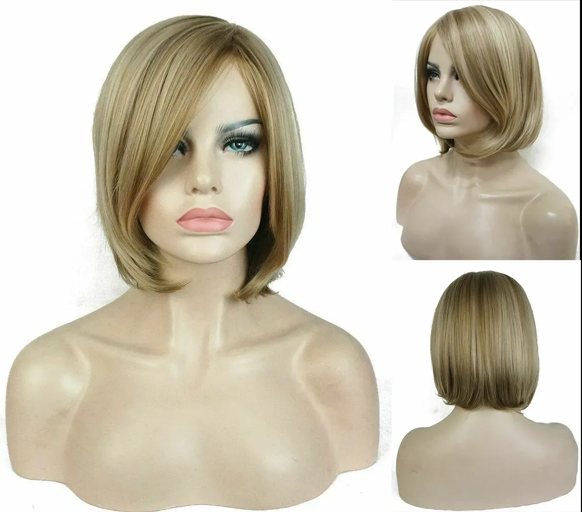 Women Bob Wig Short Straight Synthetic Natural Blonde Mix Highlights Daily Hair