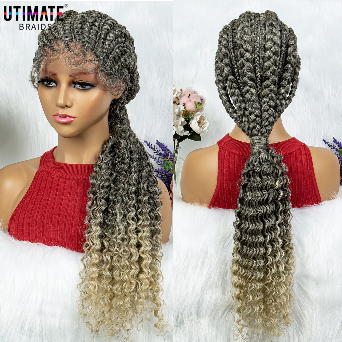 28 Inches Synthetic Braided Wigs with Curly Lace Front Braided Ponytail Wig with Baby Hair for Black Women Cornrow Braids Wig
