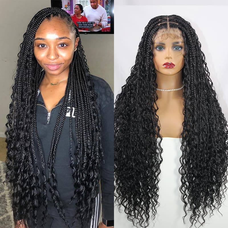 Synthetic Boho Braided Lace Frontal Wig Wave Curly Goddess Locs Lace Braid Wigs Pre-plucked Baby Hair Synthetic Box Braids Wig