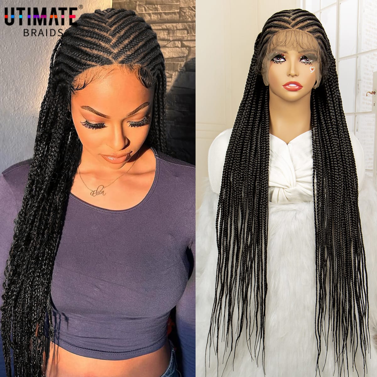 Afro Cornrow Braided Wigs with Baby Hair for African Black Women 36 Inches Synthetic Lace Frontal Knotless Box Braiding Wig