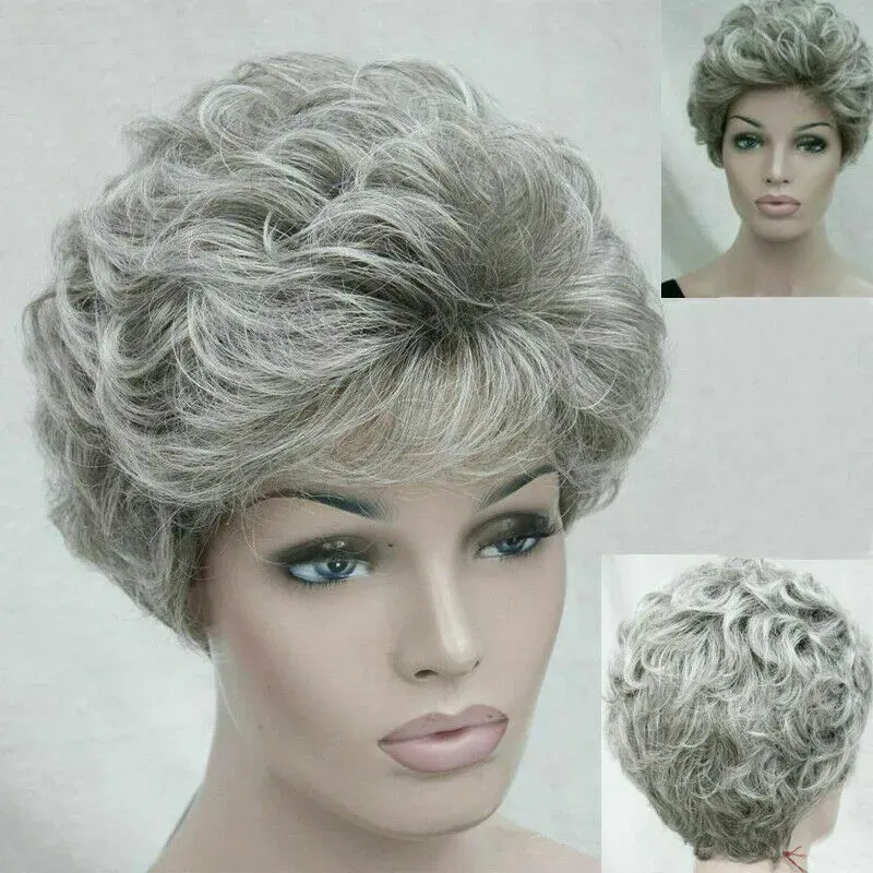Natural Ladies Women's Short Silver Grey Curly Hair Wig