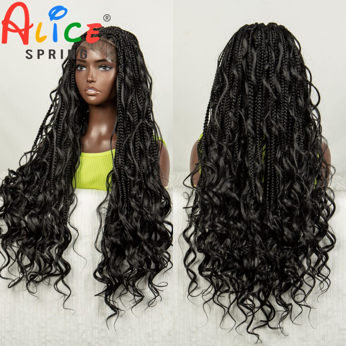 Natural Color 34 Inch Synthetic Curly Braided Wigs Deep Wave Full Lace Knotless Box Braided Wigs With Baby Hair For Black Woman