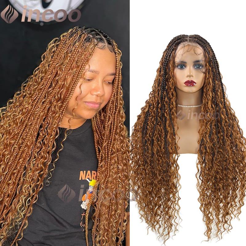 Synthetic Wigs 32inch Boho Braided Full Lace Wig Incoo 613 Blonde Curly Goddess Locs Wigs Pre-Plucked Baby Hair Box Braided Wig