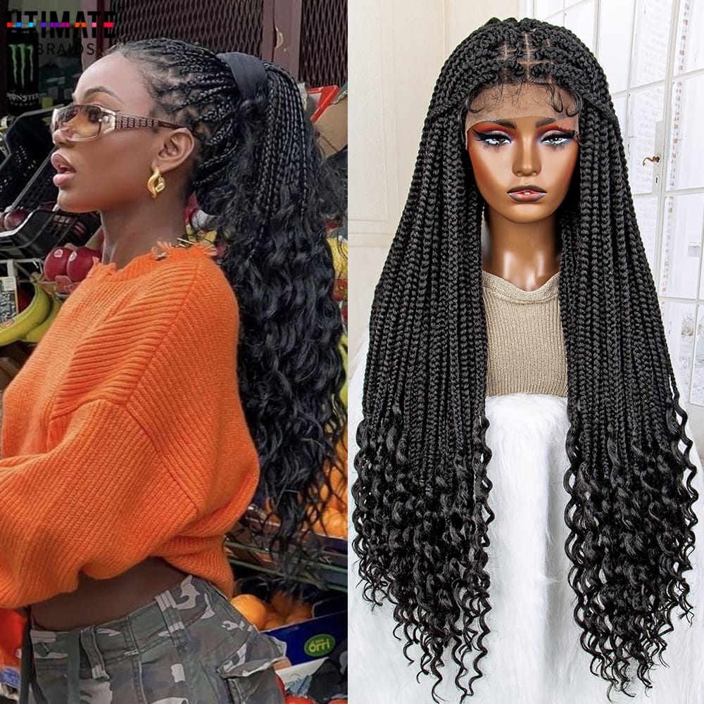 Box Braided Wigs Synthetic 9x6 Lace Frontal Wigs with Curly Wave for Black Women 36 Inches with Baby Hair Long Braided Wigs