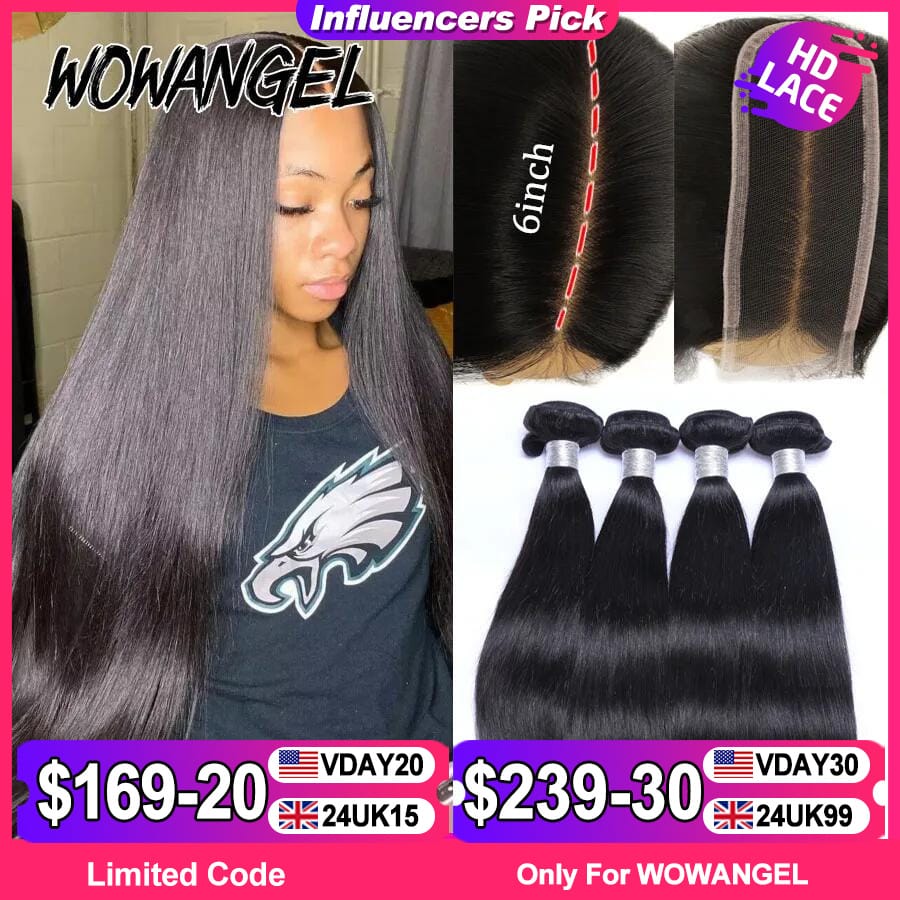 Wow Angel 2x6 HD Lace Closure with Bundles Human Hair Deep Parting Melt Skins 30 32inch Brazilian Straight Hair Extensions