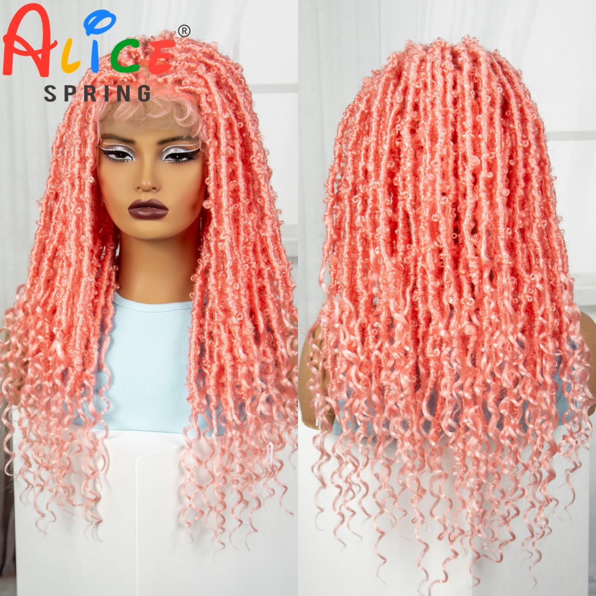 Pink 22 Inch Synthetic Braided Wigs Transparent Full Lace Braided Wigs with Curly Ends Knotless Box Braids Wigs with Baby Hair