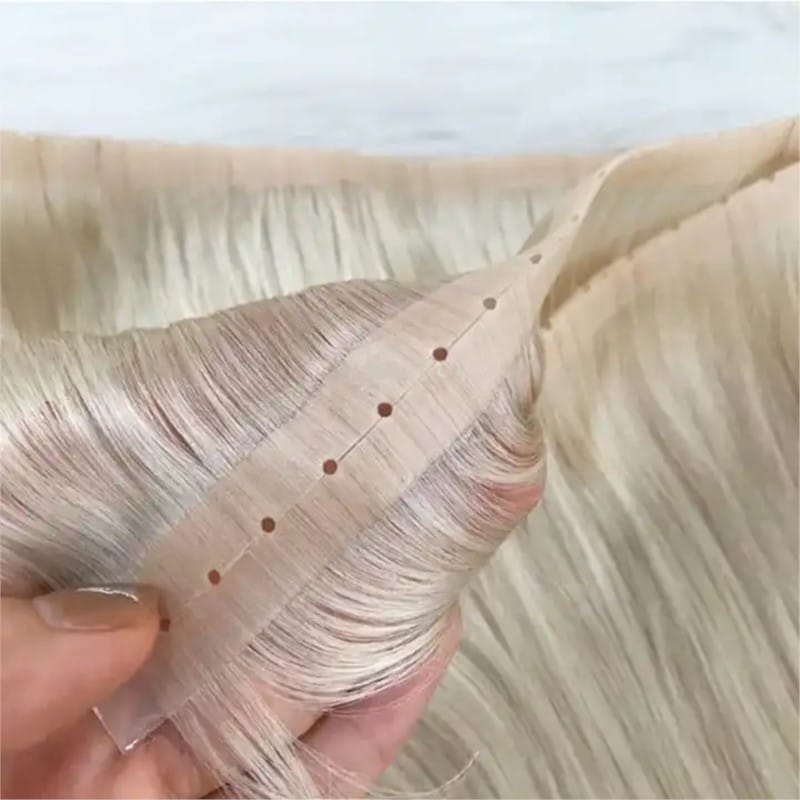 Invisible PU Weft Hair with Hole Human Hair Twin Tabs Injected Long Tape PU Flat Weft No Glue Microlink Hole Weft Extensions
