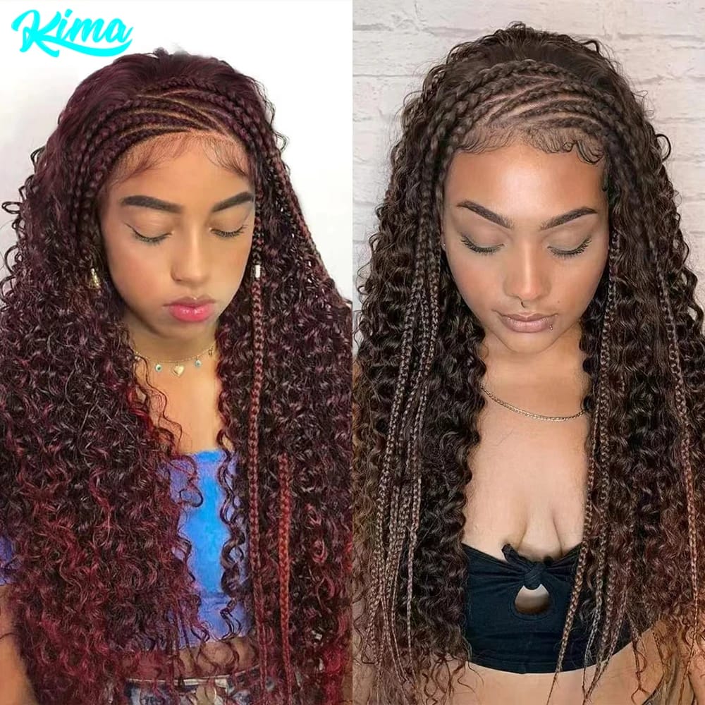 Kima Synthetic Burgundy Braided Wigs 13x4 Lace Front Wig Cornrow Stitch Braids with Baby Hair Curly Braided Wigs for Black Women