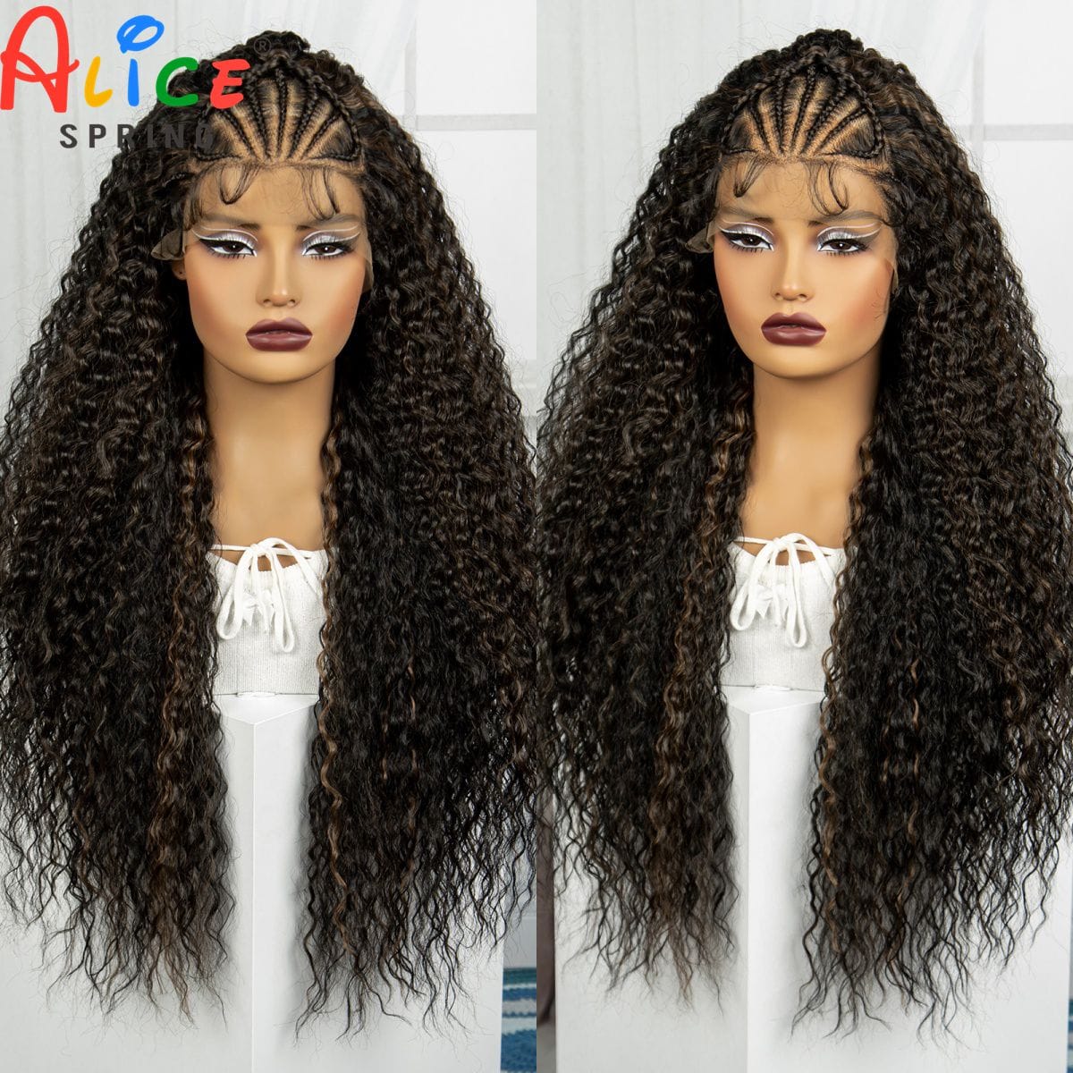 32Inch 1B-30 Cornrow Braided Wigs Knotless Synthetic Lace Front Braided Wig Curly Braiding Hair Wigs with Baby Hair for Women