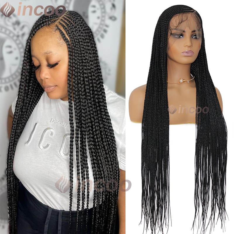 Incoo 36 Inch Knotless Braided Wigs Synthetic Hair Wigs Full Lace Wigs can Side Part High Ponytail Goddess Braids Lace Front Wig