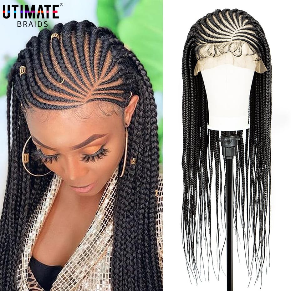 New Arrival 34 Inches Braided Wigs Synthetic Full Lace Wig with Baby Hair for Black Women Black Cornrow Braiding Hair Wigs