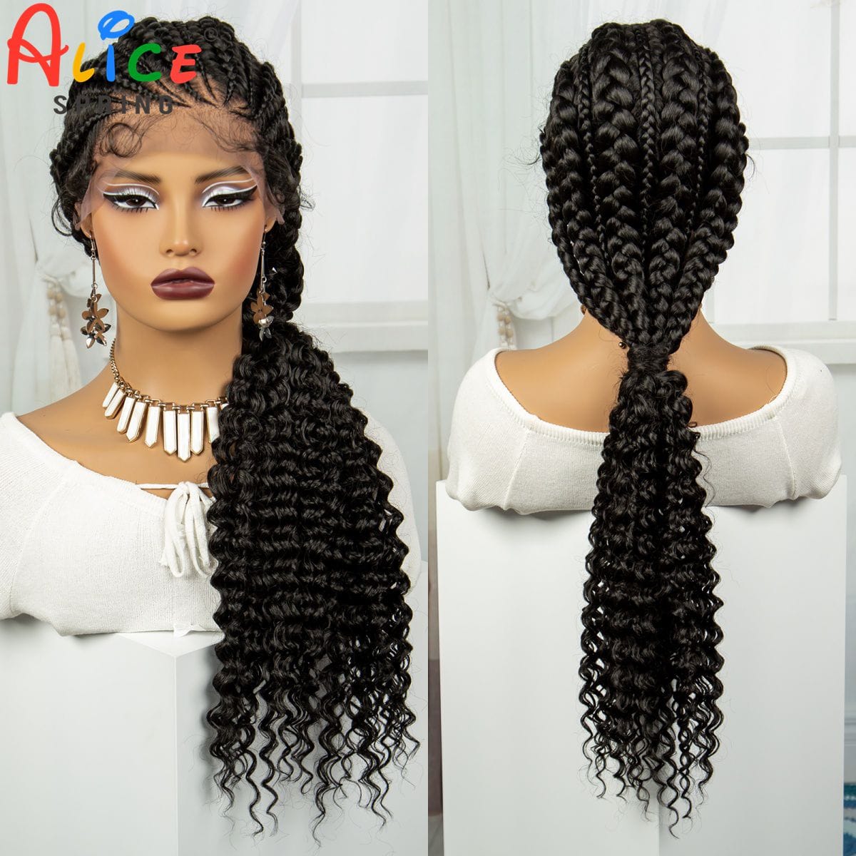 28 Inch Natural Knot;ess Cornrow Braided Wigs With Baby Hair Synthetic Lace Frontal Braids Wigs with Curly Ends For Black Women