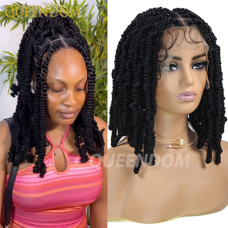 Spiral Curl Twist Full Lace Wig Synthetic Knotless Box Braided Wigs For Women 12 Inches Lace Frontal Wig With Baby Hair Braiding
