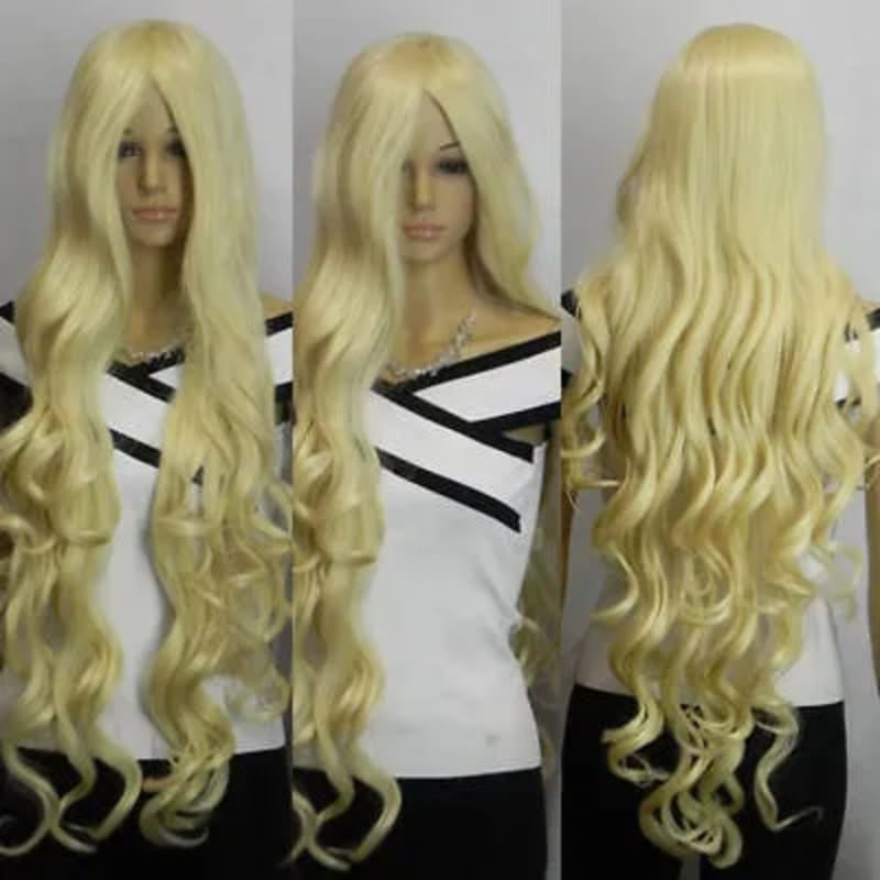Super 39”inch Long Light Blonde Wavy cosplay synthetic hair wig With Bangs