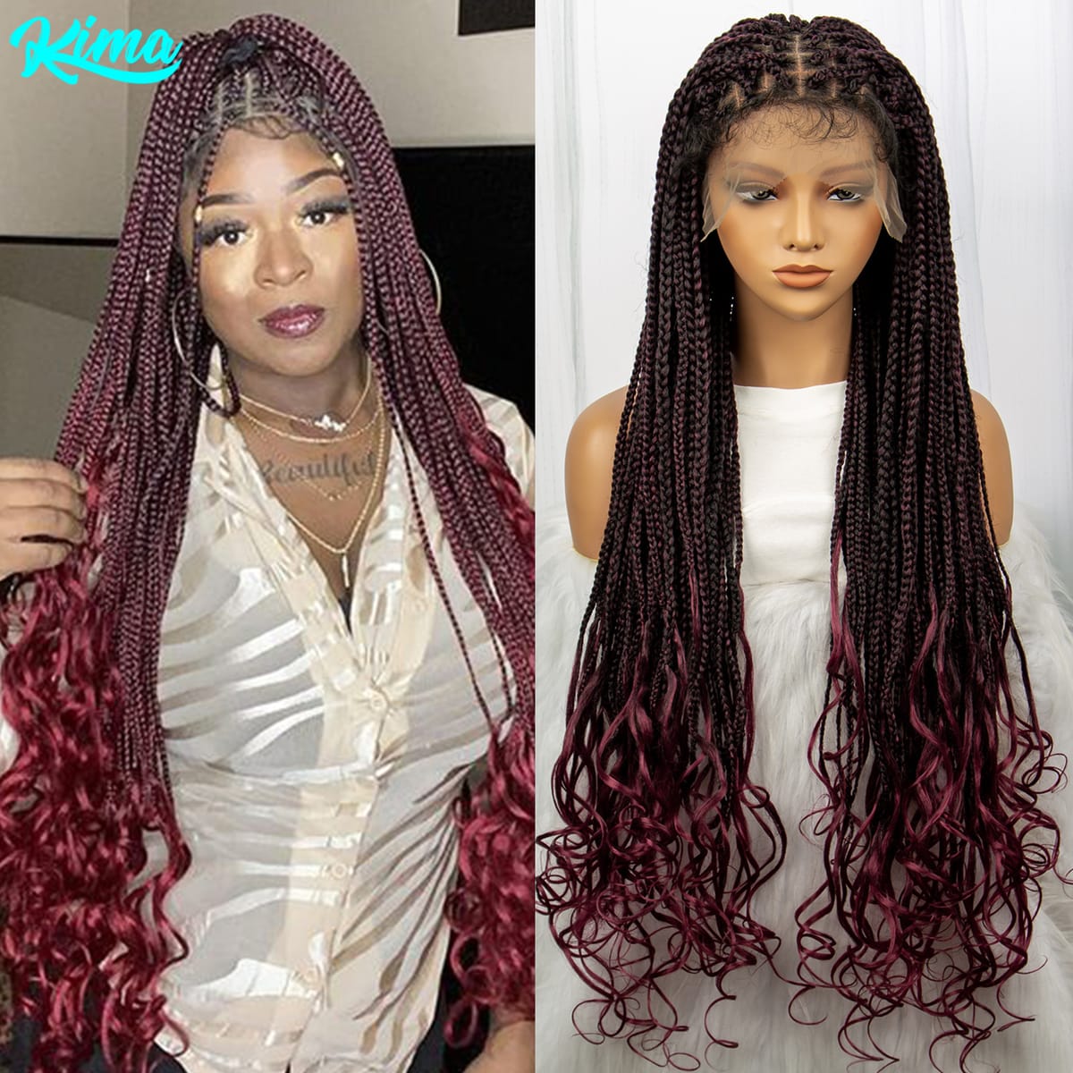 Kima Burgundy Synthetic Cornrows Box Braided Wigs 9x6 Lace Front Wigs Curly Crochet Braids With Baby Hair for Black Women