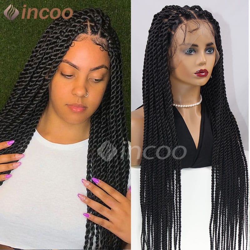 Synthetic 36" Long Black Braided Wigs for Black Women Senegalese Box Braid Wig Knotless full Lace Front Braided Wigs Baby Hair