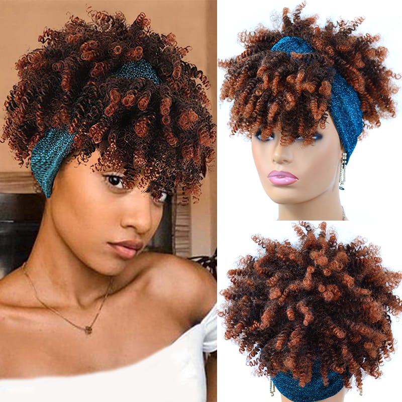 Short Afro Kinky Curly Headband Wigs Synthetic Turban Wrap Hair Wig With Puff Bangs Drawstring Elastic Band Scarf Wig for Women