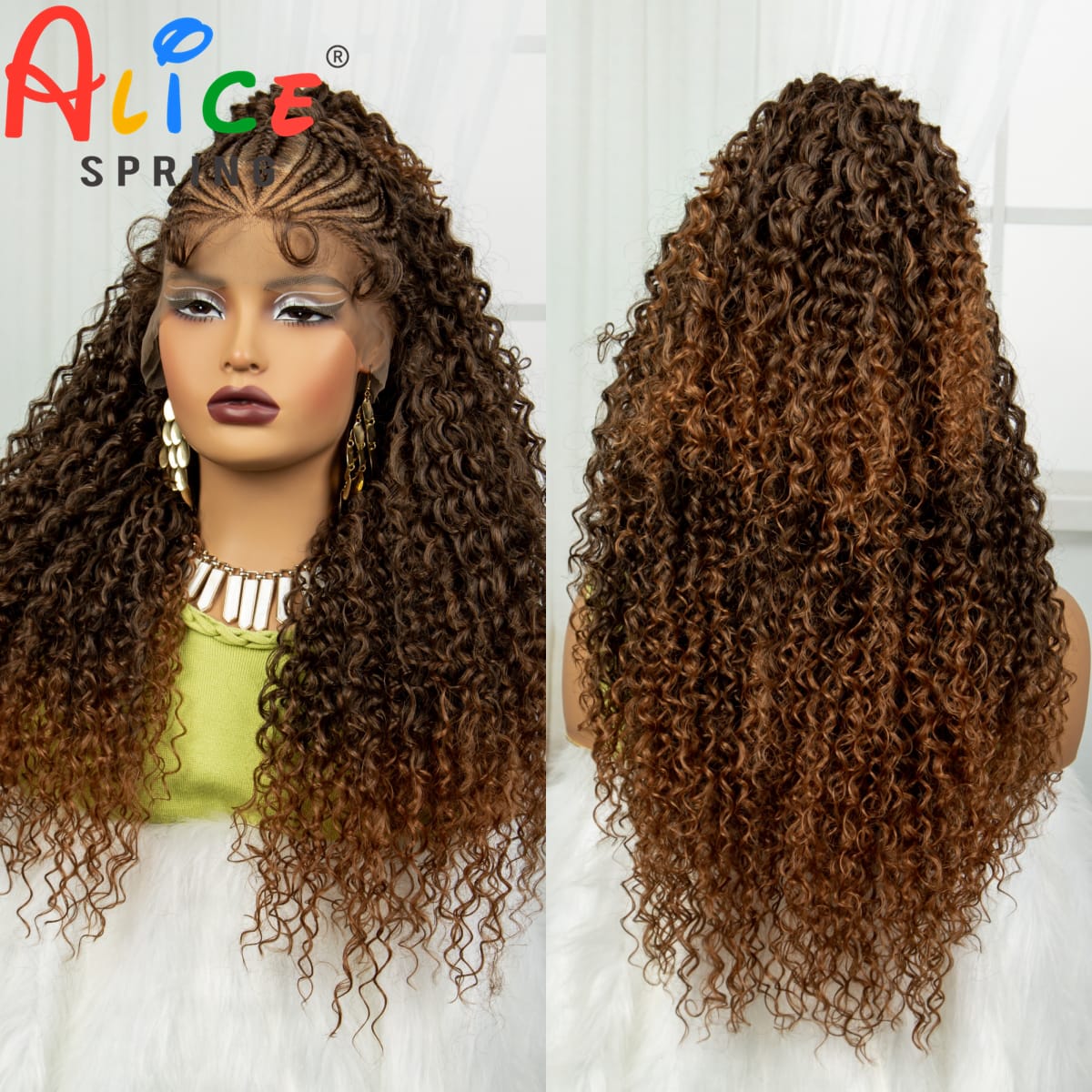 24Inch Synthetic Hair Wig Transparent 13x6 Lace Frontal Braided Wig 1B30 Color Curly Cornrow Braids Wig with Baby Hair for Women
