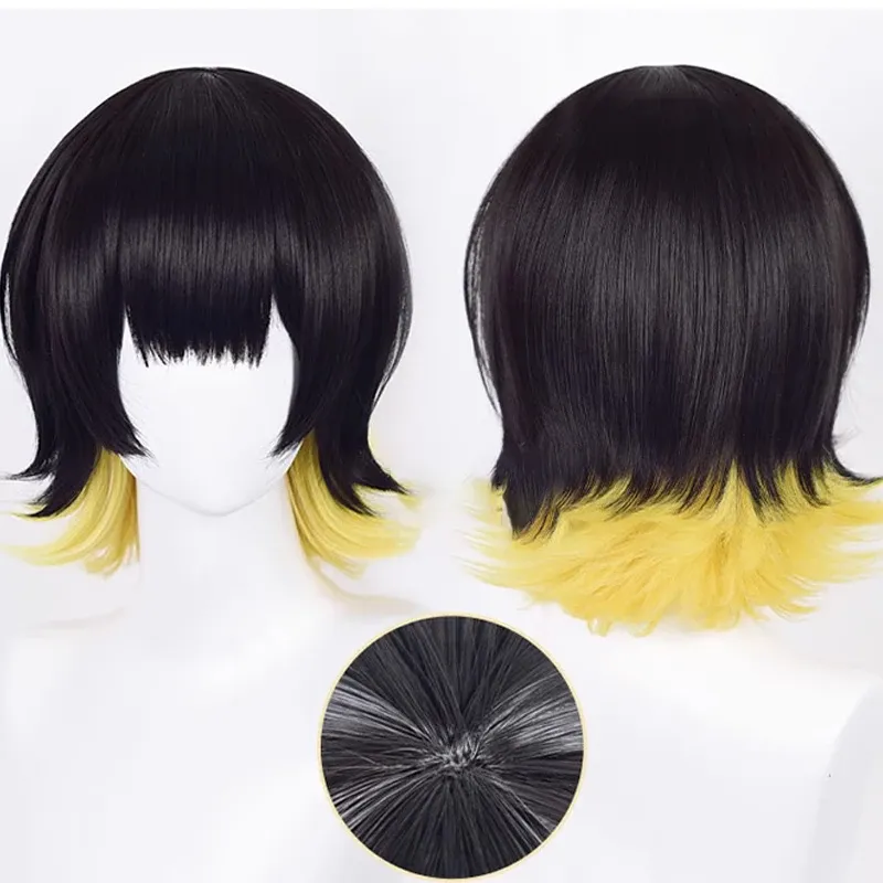Anime Blue Lock Bachira Meguru Black & Yellow Men's Cosplay Hair Wig Bowl Cut Team Z No.8 Football Player Bob Halloween