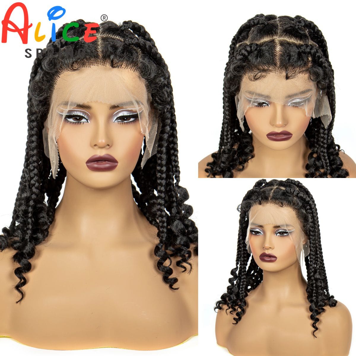 14inch Synthetic Knotless Box Braided Wigs with Curly Ends Natural Full Lace Braiding Hair Wigs with Baby Hair for Black Women