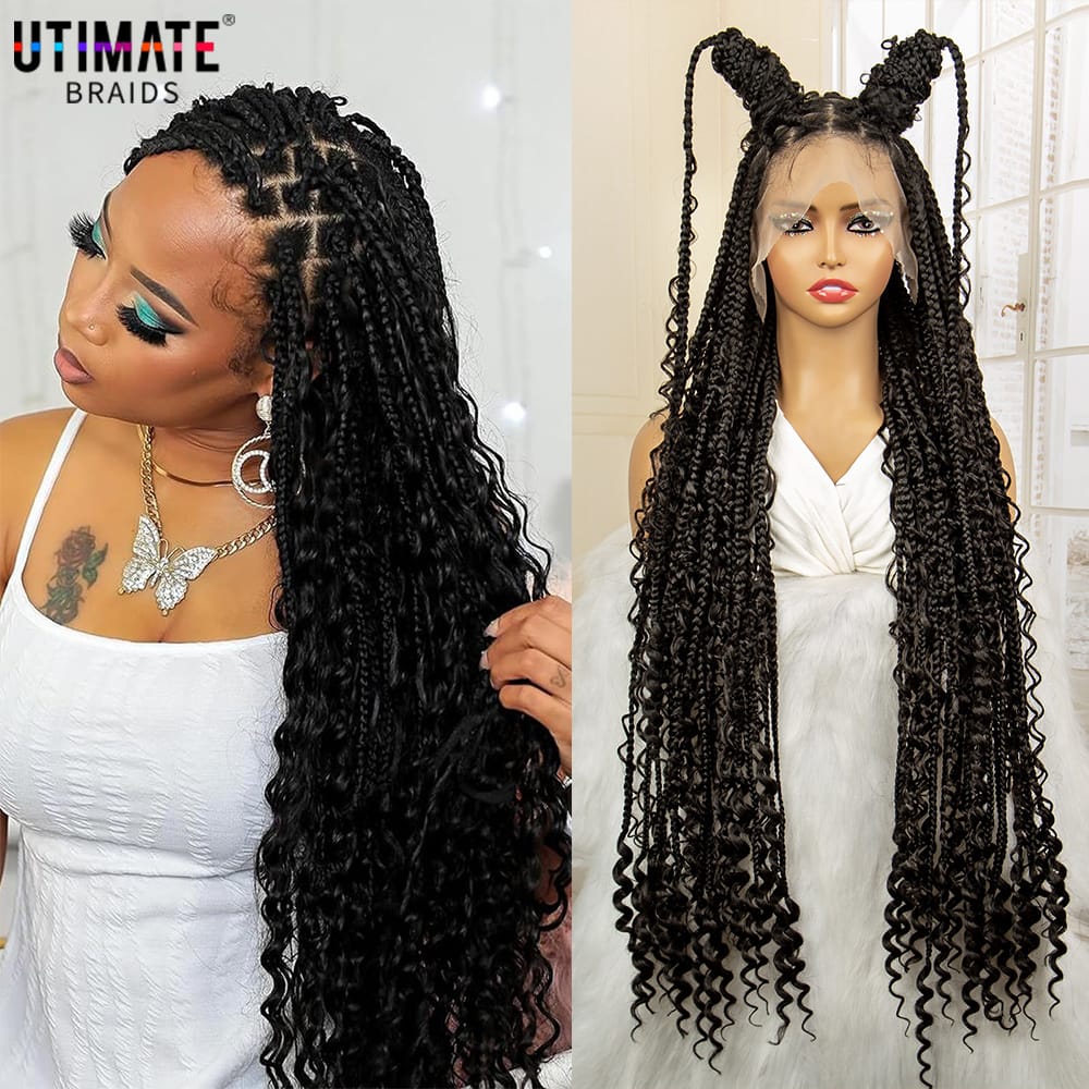 Full Lace Synthetic Boho Braided Wigs with Baby Hair Long Curly Hair Wig with Braids 36 Inches Braiding Wig for Black Women