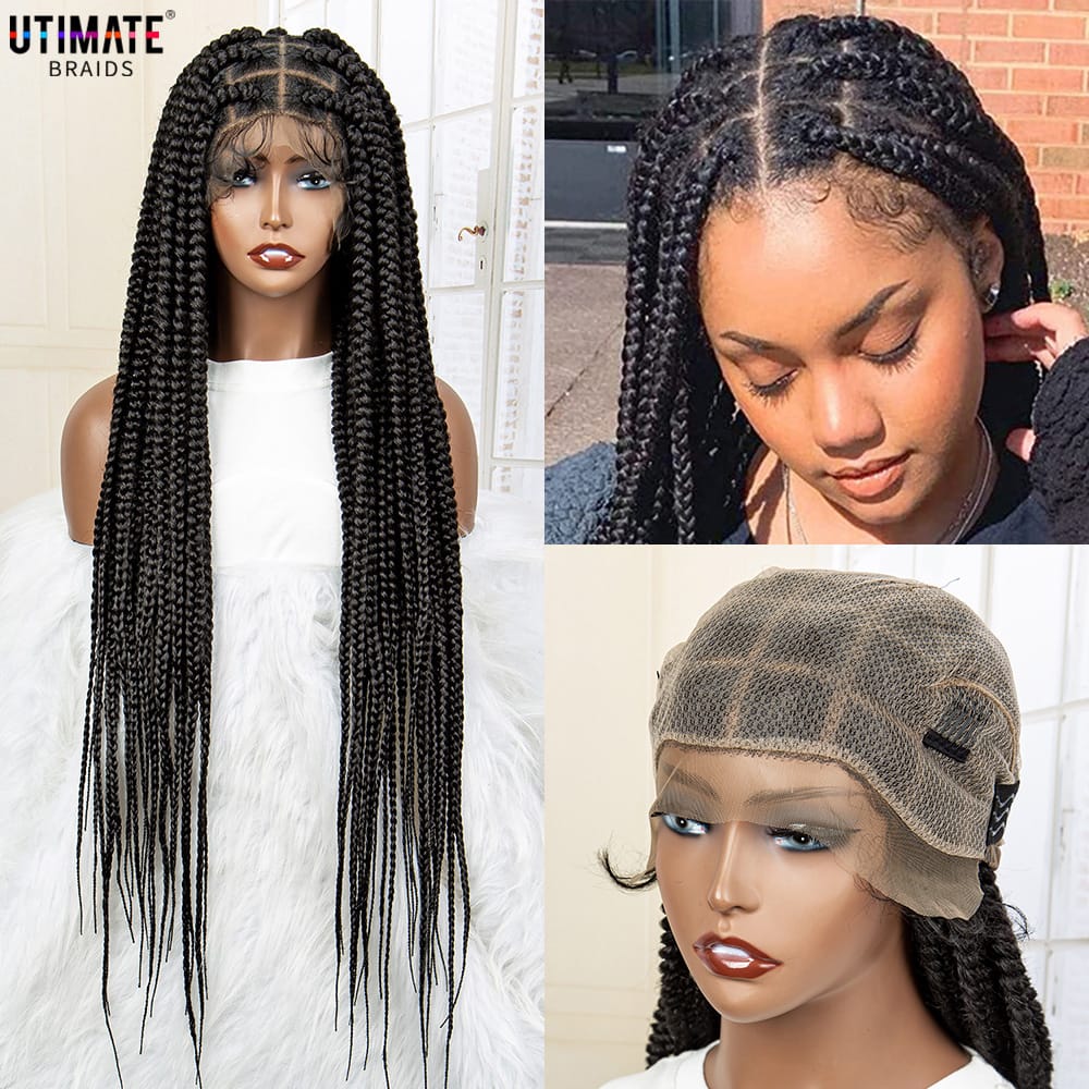 Synthetic Full Lace Cornrow Box Braided Wigs with Baby Hair Wigs for Black Women Lace Frontal Square Knotless Braiding Wigs
