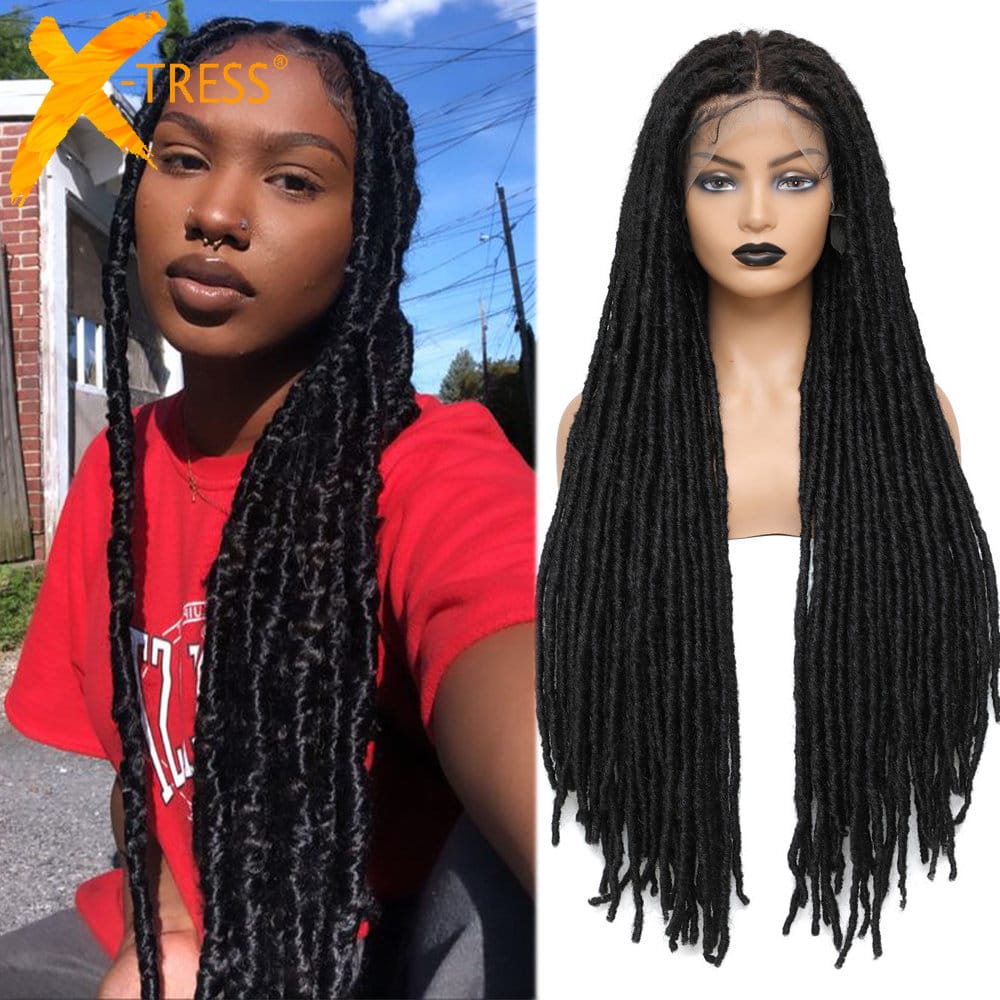 Full Lace Front Synthetic Braided Wigs For Black Women X-TRESS Straight Faux Locs Braids Wig With Baby Hair Crochet Dreadlocks