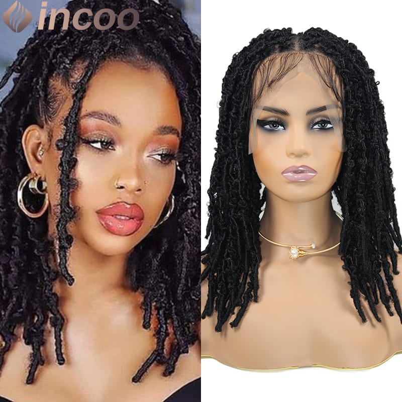 Black Synthetic Twist Braided Full Lace Wigs 16'' Distressed Crochet Box Braids Wig with Baby Hair Silky Lace Frontal Braid Wigs