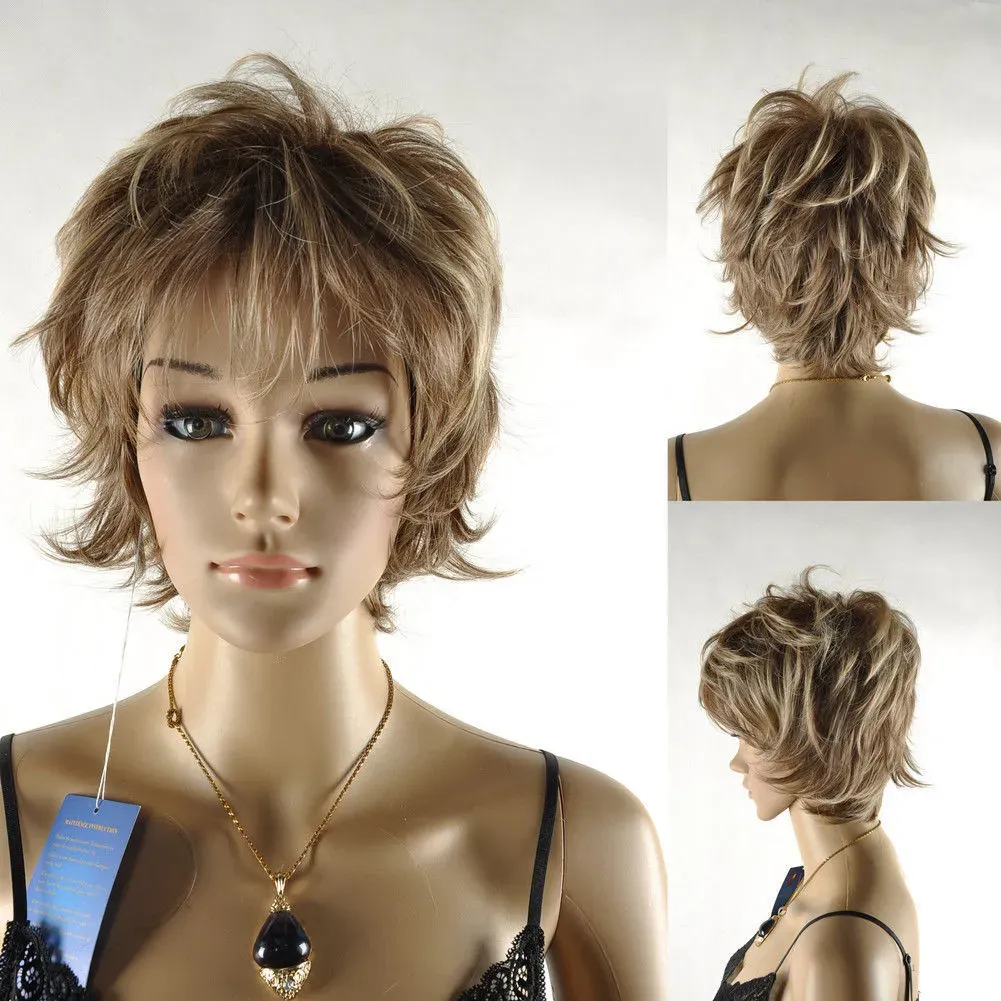 Natural Short Mixed Brown Layered Looking Hair Full Cosplay Synthetic Wig