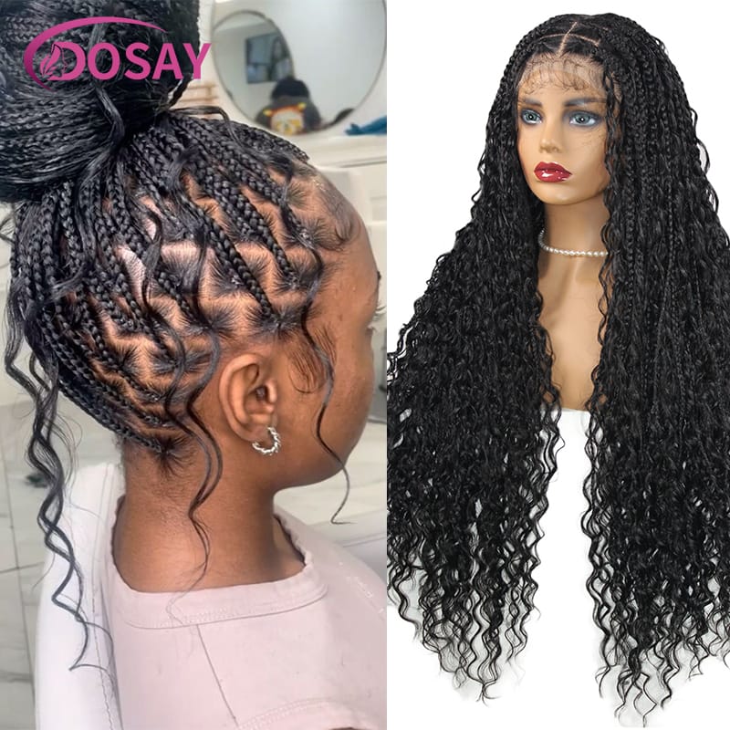 32" Synthetic Wig Full Lace Braided Hair Wigs Boho With Curly Ends Lace Front Wig Curly Wigs Blonde Box Knotless Braids Dosay